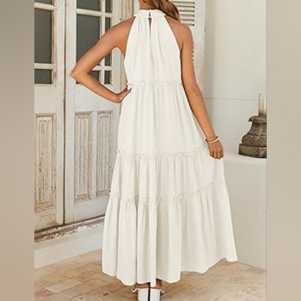 Boho Halter Maxi Dresses 2024 Casual Sleeveless Pleated Tiered Flowy Dress - Picture 4 of 7